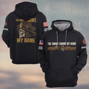 Custom Name & Department The Smoke Knows My Name Skull In Leather Helmet And Smoke Firefighter #DQH0951 - Hoodie