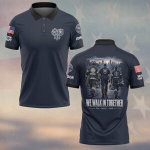 Custom Name & Department We Walk In Together Firefighter Police Officer EMS Walking Toward City Skyline First Responders #DQH0954 - Polo