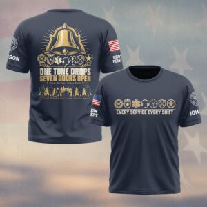 Custom Name & Department One Tone Drops Seven Doors Open Gold Fire Bell Seven Service Emblems Silhouette Lineup First Responders #DQH0956 - T-shirt