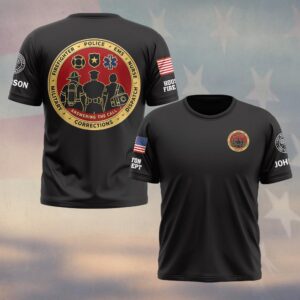 Custom Name & Department Answering The Call Gold Challenge Coin Seven Service Ring Three Responders Backs Turned First Responders #DQH0958 - T-shirt