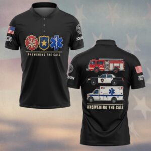 Custom Name & Department Answering The Call Fire Truck Police Cruiser Ambulance Stacked First Responders #DQH0959 - Polo