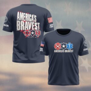Custom Name & Department America's Bravest Fire Police EMS Distressed Type Three Service Emblems First Responders #DQH0968 - T-shirt
