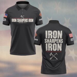 Custom Name & Department Iron Sharpens Iron Proverbs 27:17 Crossed Fire Axe And Pike Pole Distressed Type Firefighter #DQH0972  - Polo