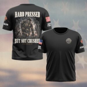 Custom Name & Department Hard Pressed But Not Crushed 2 Corinthians 4:8 Firefighter Kneeling In Embers And Smoke Firefighter #DQH0975 - T-shirt