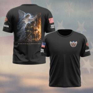 Custom Name & Department The Angel Of The Lord Encampeth Round About Psalm 34:7 Guardian Angel Over Firefighter At Burning Doorway Firefighter #DQH0976 - T-shirt