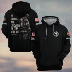 Custom Name & Department Be Strong And Courageous He Goes With You Deuteronomy 31:6 Firefighter Back Turned With Axe Charcoal Portrait Firefighter #DQH0977 - Hoodie