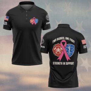 Custom Name & Department Two Badges One Fight Breast Cancer Awareness Firefighter EMS #DQH0978 - Polo