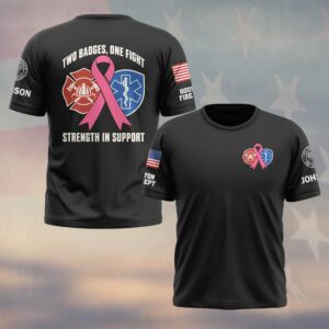 Custom Name & Department Two Badges One Fight Breast Cancer Awareness Firefighter EMS #DQH0978 - T-shirt