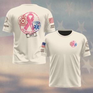 Custom Name & Department We Wear Pink OCT Stamp Maltese Cross Star Of Life Pink Ribbon Breast Cancer Awareness Firefighter EMS #DQH1000 - T-shirt
