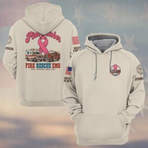 Custom Name & Department Pink October Fire Rescue EMS Early Detection Saves Lives Vintage Ambulance Fire Engine Pink Ribbon Breast Cancer Awareness Firefighter EMS #DQH1001 - Hoodie