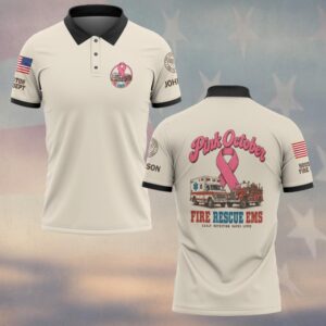 Custom Name & Department Pink October Fire Rescue EMS Early Detection Saves Lives Vintage Ambulance Fire Engine Pink Ribbon Breast Cancer Awareness Firefighter EMS #DQH1001 - Polo