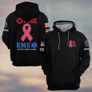 Custom Name & Department No One Fights Alone Fire EMS Spray Stencil Pink Ribbon Breast Cancer Awareness Firefighter EMS #DQH1002 - Hoodie
