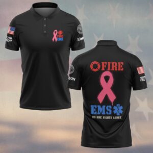 Custom Name & Department No One Fights Alone Fire EMS Spray Stencil Pink Ribbon Breast Cancer Awareness Firefighter EMS #DQH1002 - Polo