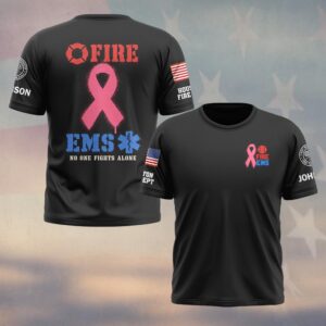 Custom Name & Department No One Fights Alone Fire EMS Spray Stencil Pink Ribbon Breast Cancer Awareness Firefighter EMS #DQH1002 - T-shirt