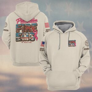 Custom Name & Department Pink October Fire EMS We Wear Pink Fire Truck Ambulance Filled Letters Pink Ribbon Breast Cancer Awareness Firefighter EMS #DQH1003 - Hoodie
