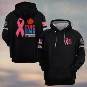 Custom Name & Department We Wear Pink Fire EMS Stencil Maltese Cross Pink Ribbon Breast Cancer Awareness Firefighter EMS #DQH1004 - Hoodie