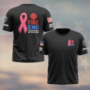 Custom Name & Department We Wear Pink Fire EMS Stencil Maltese Cross Pink Ribbon Breast Cancer Awareness Firefighter EMS #DQH1004 - T-shirt