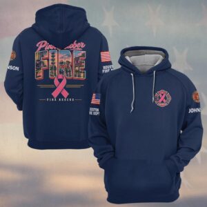 Custom Name & Department Pink October Fire Rescue Firehouse Fire Engine Filled Letters Pink Ribbon Breast Cancer Awareness Firefighter #DQH1007 - Hoodie