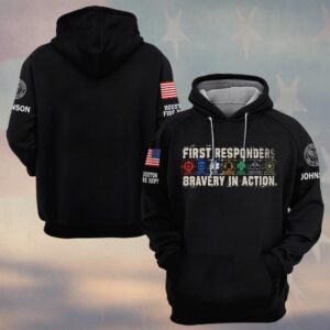 Custom Name & Department Bravery In Action Seven Service Emblems Fire Police EMS Dispatch Nurse Corrections Military First Responders #DQH1010 - Hoodie