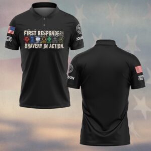 Custom Name & Department Bravery In Action Seven Service Emblems Fire Police EMS Dispatch Nurse Corrections Military First Responders #DQH1010 - Polo