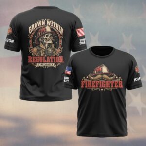 Custom Name & Department Grown Within Regulation Handlebar Moustache Skeleton Oval Seal Firefighter #DQH1012 - T-shirt