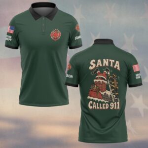 Custom Name & Department Santa Called 911 Santa Stuck In Chimney Retro Cartoon Christmas Firefighter #DQH1022 - Polo