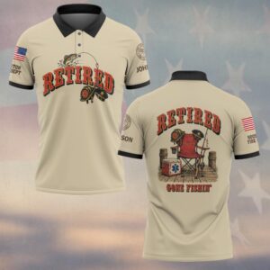 Custom Name & Department Retired Gone Fishin' Fire Helmet Police Cap Camp Chair Fishing Dock First Responders #DQH1031 - Polo
