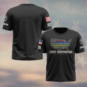 Custom Name & Department Every Town Every Shift Thin Line USA Map Seven Service Lines First Responders #DQH1035 - T-shirt