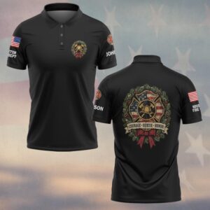 Custom Name & Department Courage Rescue Honor Distressed American Flag Maltese Cross Christmas Wreath Red Bow Pinecones Firefighter #DQH1038 - Polo