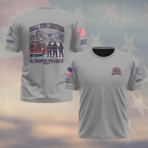 Custom Name & Department Small Town Christmas All Volunteer Fire & Rescue Three First Responders Vintage Fire Truck Snowy Street First Responders #DQH1041 - T-shirt