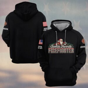 Custom Name & Department Santa's Favorite Firefighter Santa Holding Helmet Ugly Christmas Sweater Knit Letters Firefighter #DQH1047 - Hoodie