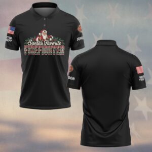 Custom Name & Department Santa's Favorite Firefighter Santa Holding Helmet Ugly Christmas Sweater Knit Letters Firefighter #DQH1047 - Polo