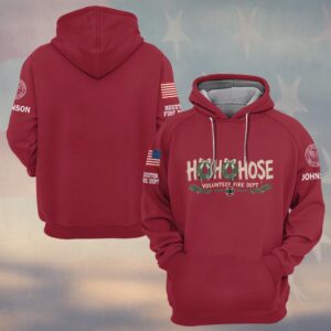 Custom Name & Department Ho Ho Hose Volunteer Fire Dept Coiled Fire Hose Bows Maltese Cross Pine Garland First Responders #DQH1048 - Hoodie