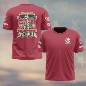 Custom Name & Department Volunteer Fire Truck Dalmatian Dog Santa Hat Christmas Banner First Responders #DQH1050 - T-shirt