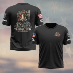 Custom Name & Department Volunteer Fire Co Est By Neighbors Christmas Fire Bell Red Bow Helmet EMS Bag Holly First Responders #DQH1051 - T-shirt