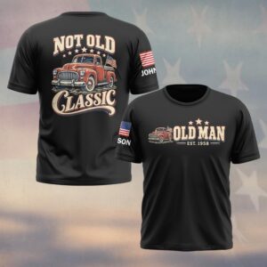 Custom Name & Year Not Old Classic Vintage Red Pickup Truck American Flag Stars Old Man #DQH1059 - T-shirt