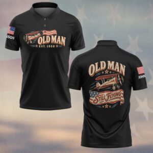 Custom Name & Year Old Man Still Flying Vintage Biplane American Flag Banner Old Man #DQH1060 - Polo