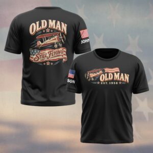 Custom Name & Year Old Man Still Flying Vintage Biplane American Flag Banner Old Man #DQH1060 - T-shirt