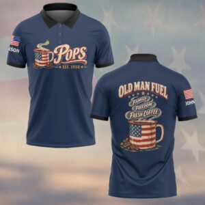 Custom Name & Year Old Man Fuel Family Freedom Fresh Coffee American Flag Camp Mug Coffee Beans Old Man #DQH1063 - Polo