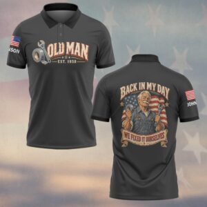 Custom Name & Year Back In My Day We Fixed It Ourselves Old Mechanic Wrench Duct Tape American Flag Old Man #DQH1064 - Polo